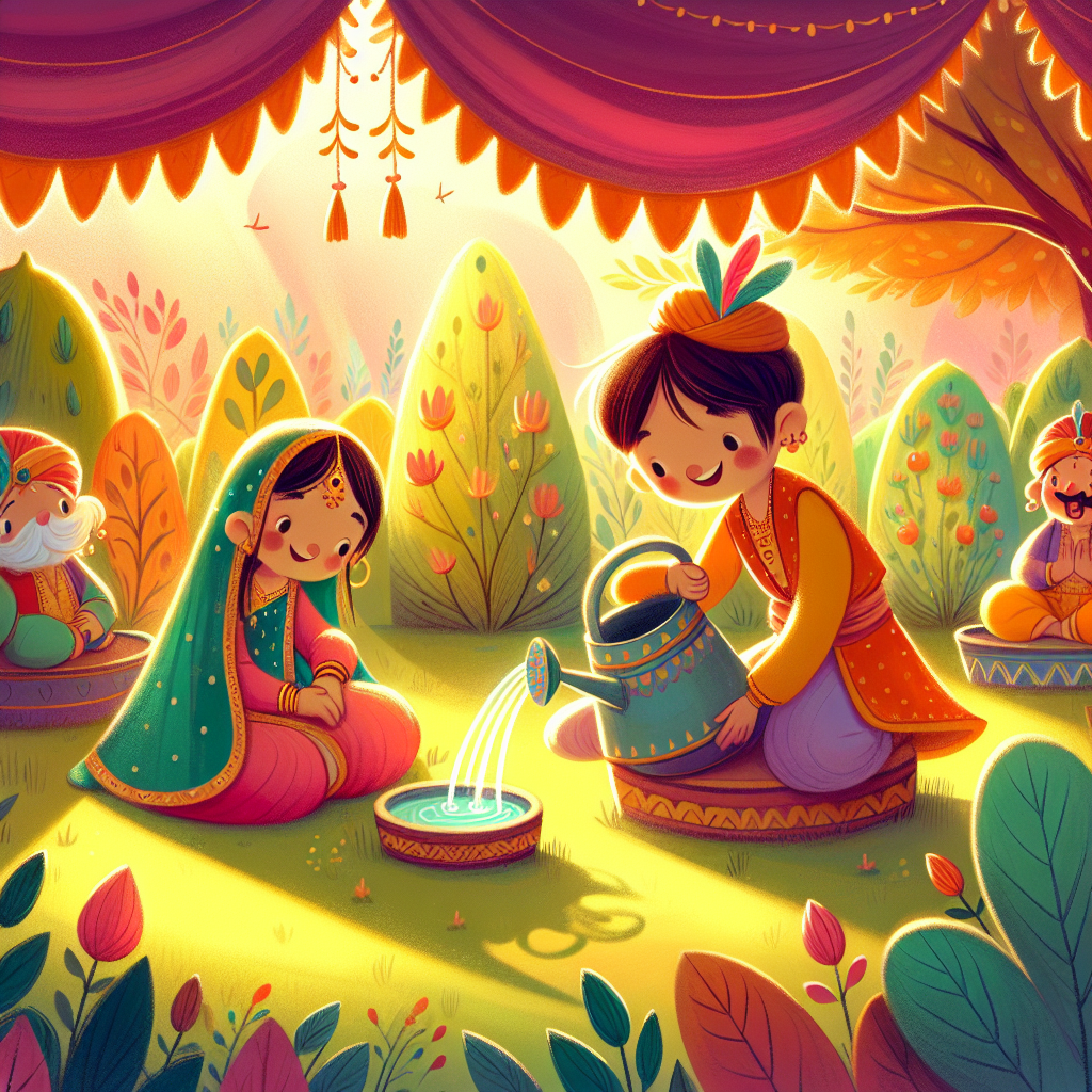 Colorful children's illustration for the story: The Thieves Who Watered the Garden