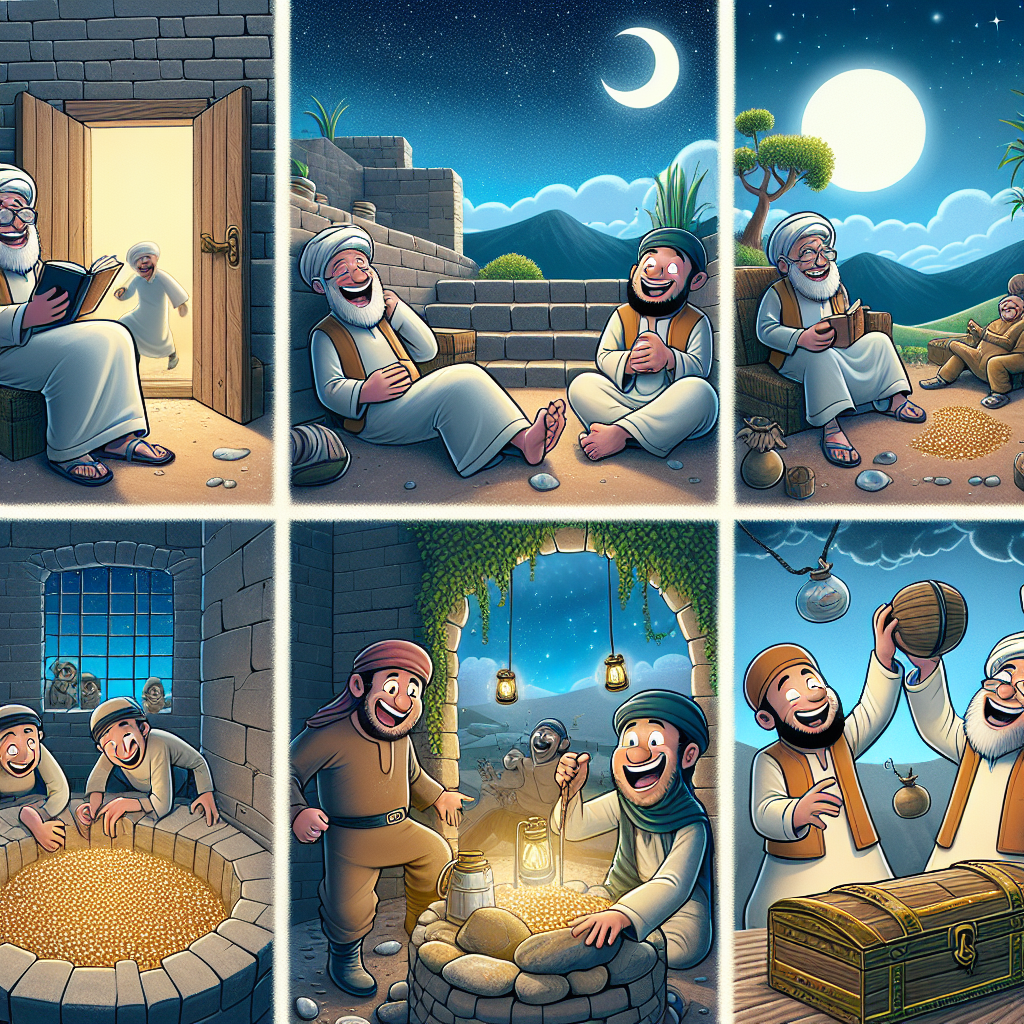 Colorful cartoon storyboard showing 8 key scenes from The Thieves Who Watered the Garden
