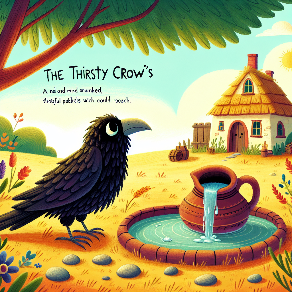 Colorful children's illustration for the story: The Thirsty Crow