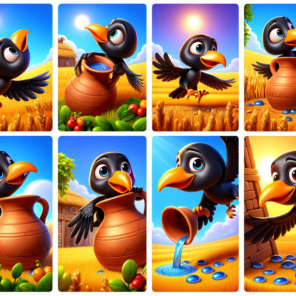 Colorful cartoon storyboard showing 8 key scenes from The Thirsty Crow