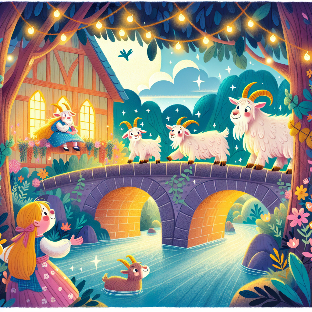 Colorful children's illustration for the story: The Three Billy Goats Gruff