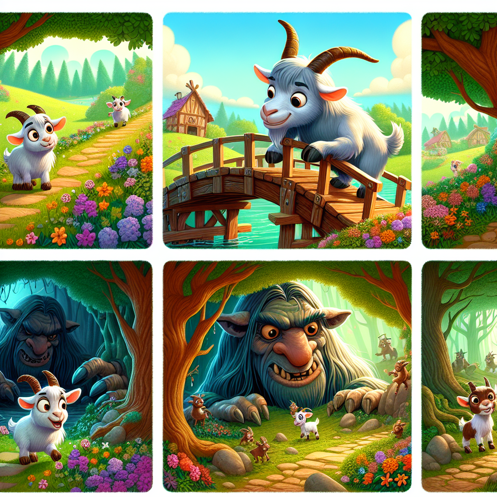 Colorful cartoon storyboard showing 8 key scenes from The Three Billy Goats Gruff