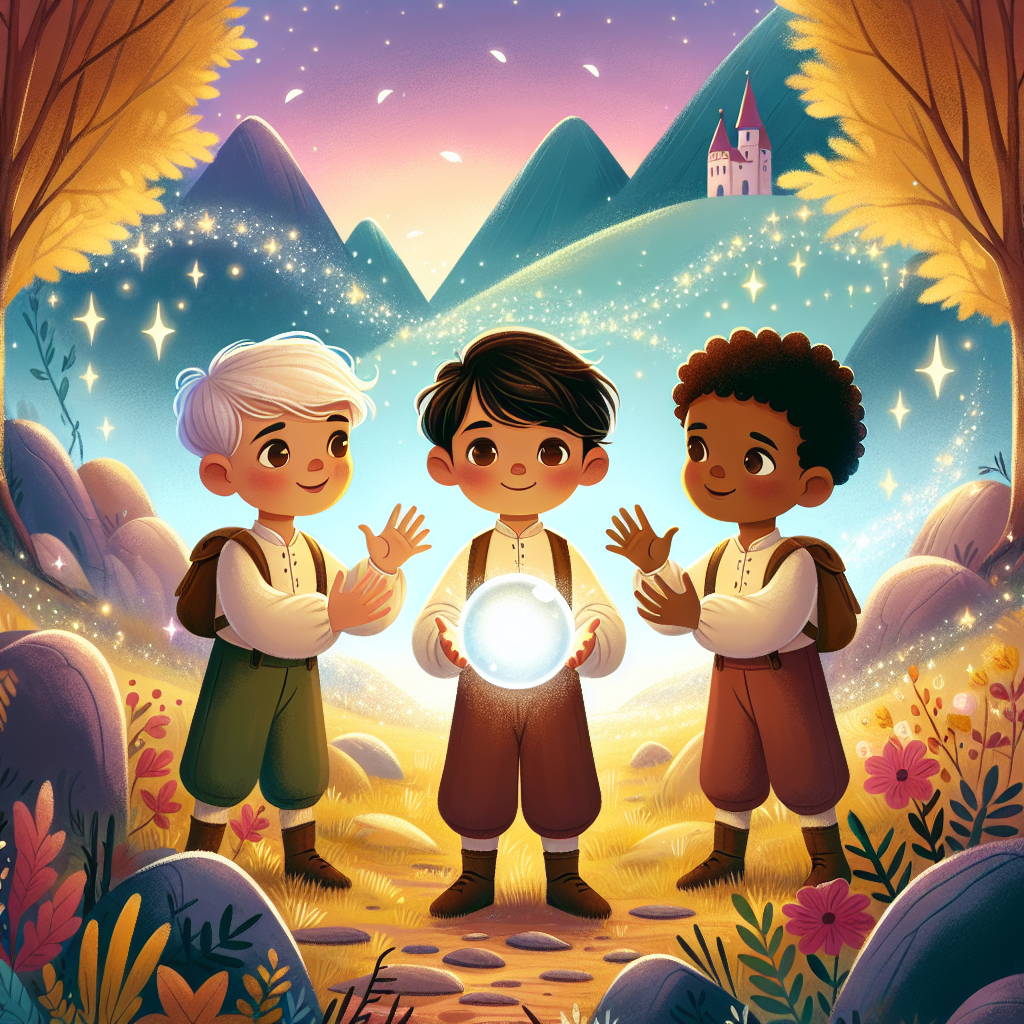 Colorful children's illustration for the story: The Three Brothers and the Crystal Ball