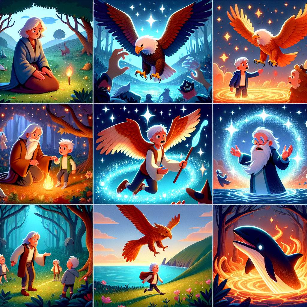 Colorful cartoon storyboard showing 8 key scenes from The Three Brothers and the Crystal Ball