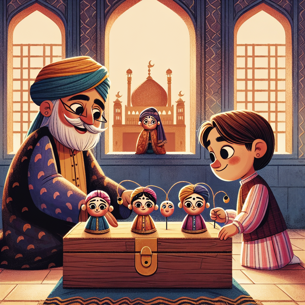 Colorful children's illustration for the story: The Three Dolls