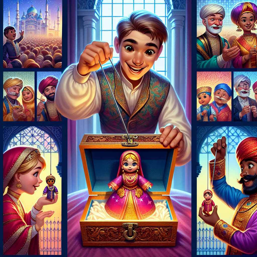 Colorful cartoon storyboard showing 8 key scenes from The Three Dolls