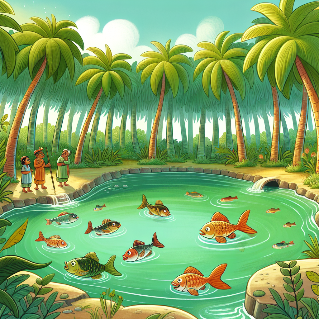 Colorful children's illustration for the story: The Three Fishes