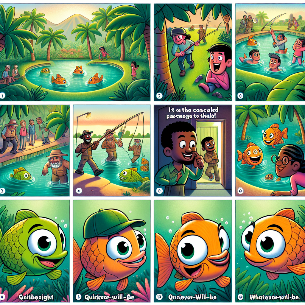 Colorful cartoon storyboard showing 8 key scenes from The Three Fishes