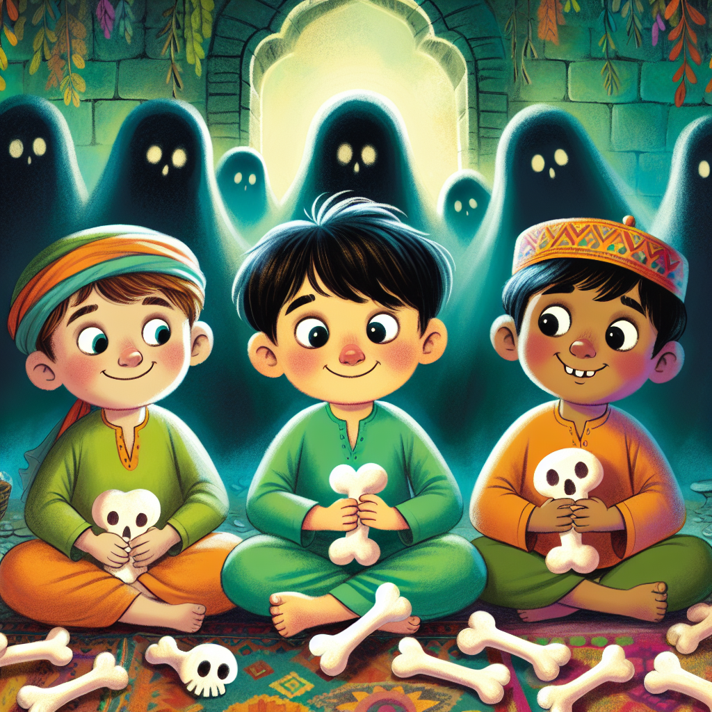 Colorful children's illustration for the story: The Three Brothers and the Skeleton
