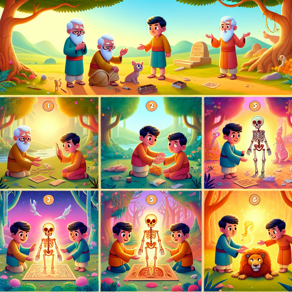 Colorful cartoon storyboard showing 8 key scenes from The Three Brothers and the Skeleton