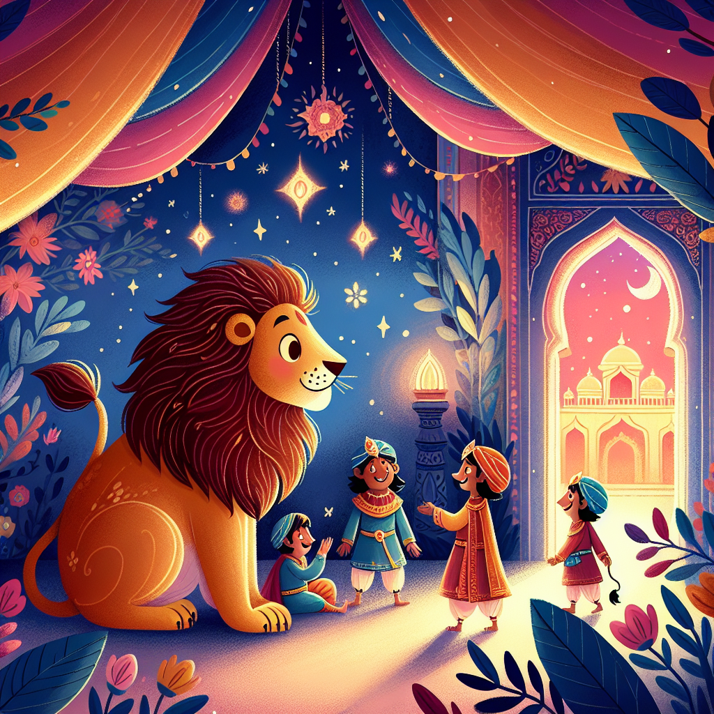Colorful children's illustration for the story: The Three Brothers and the Lion