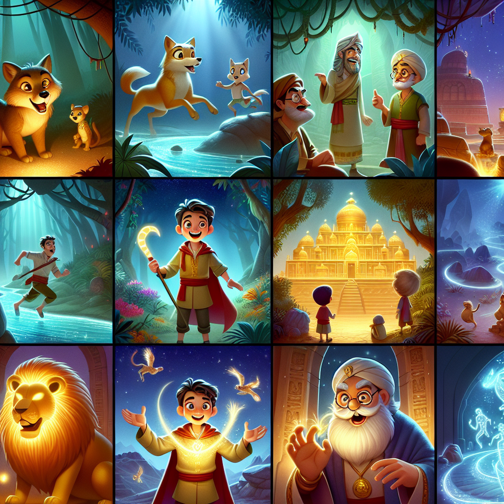 Colorful cartoon storyboard showing 8 key scenes from The Three Brothers and the Lion