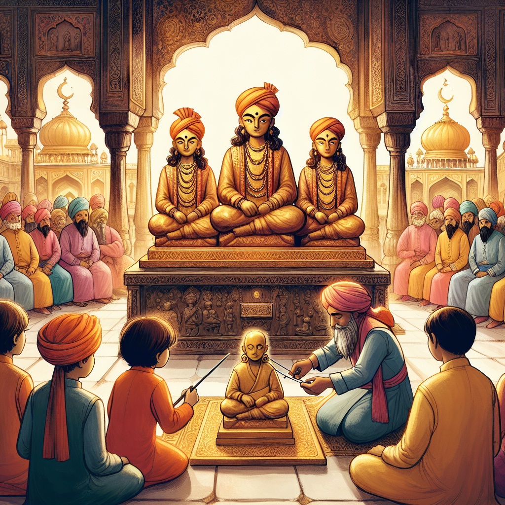 Colorful children's illustration for the story: The Three Idols