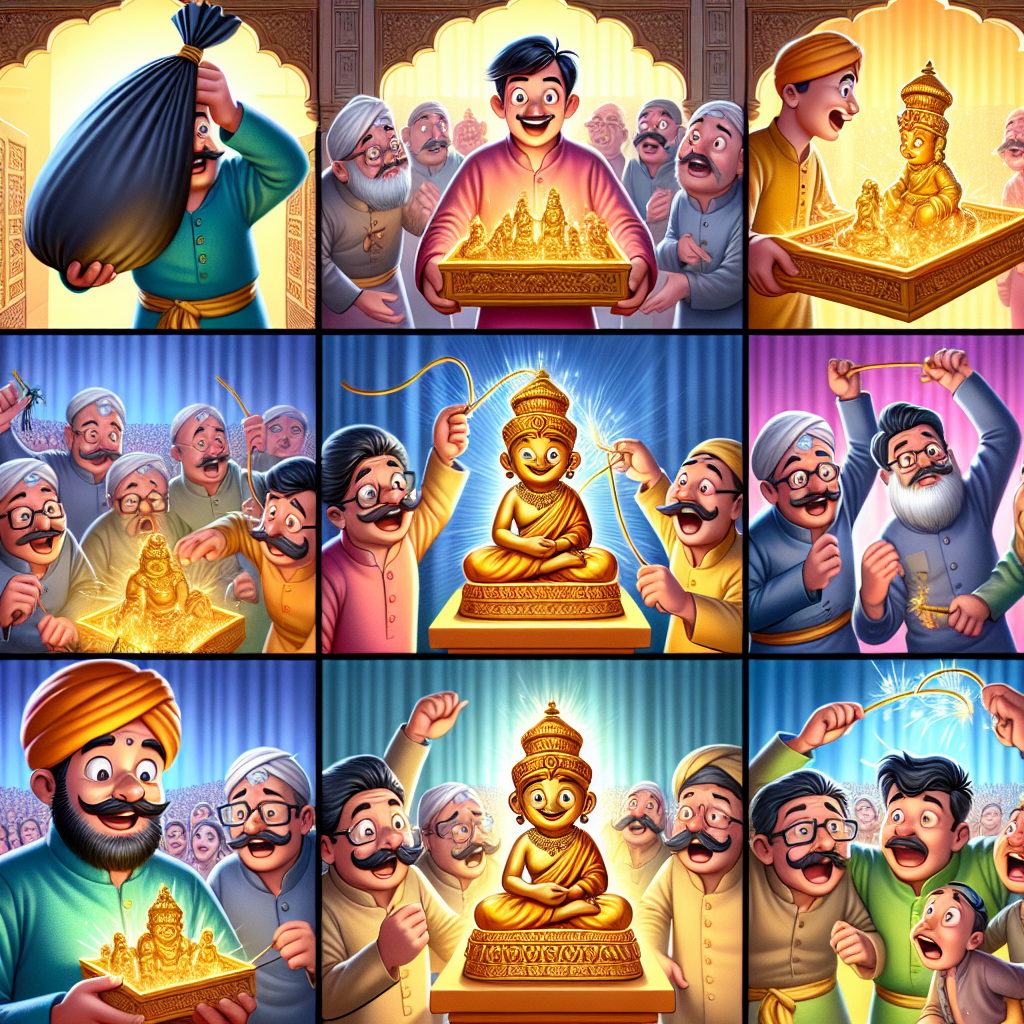 Colorful cartoon storyboard showing 8 key scenes from The Three Idols