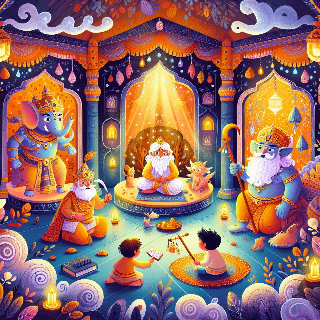 Colorful children's illustration for the story: The Three Kings and the Demon