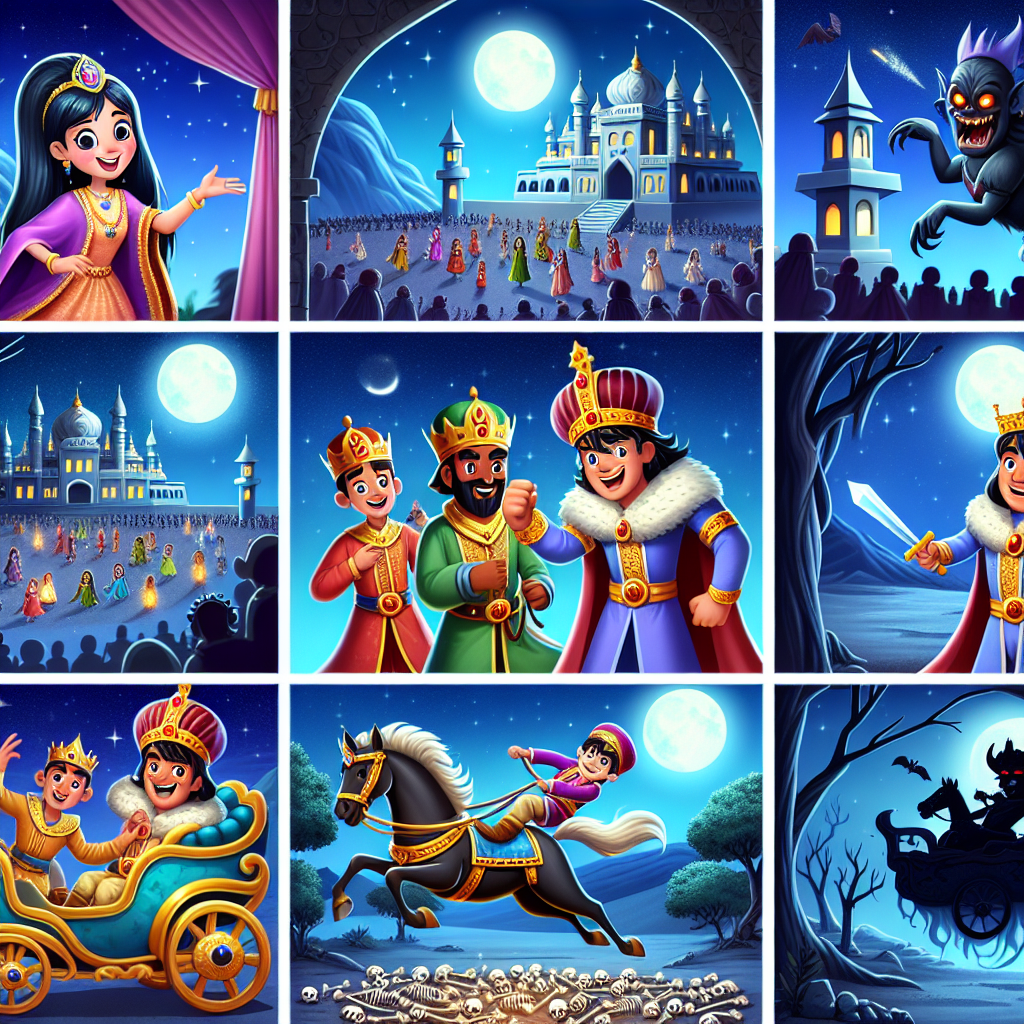 Colorful cartoon storyboard showing 8 key scenes from The Three Kings and the Demon