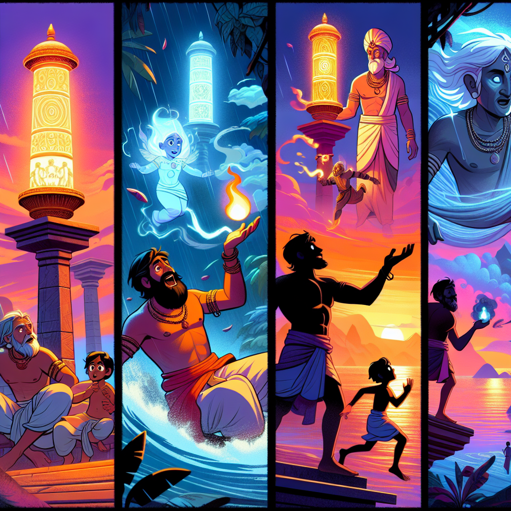 Colorful cartoon storyboard showing 8 key scenes from The Three Lamps of the World