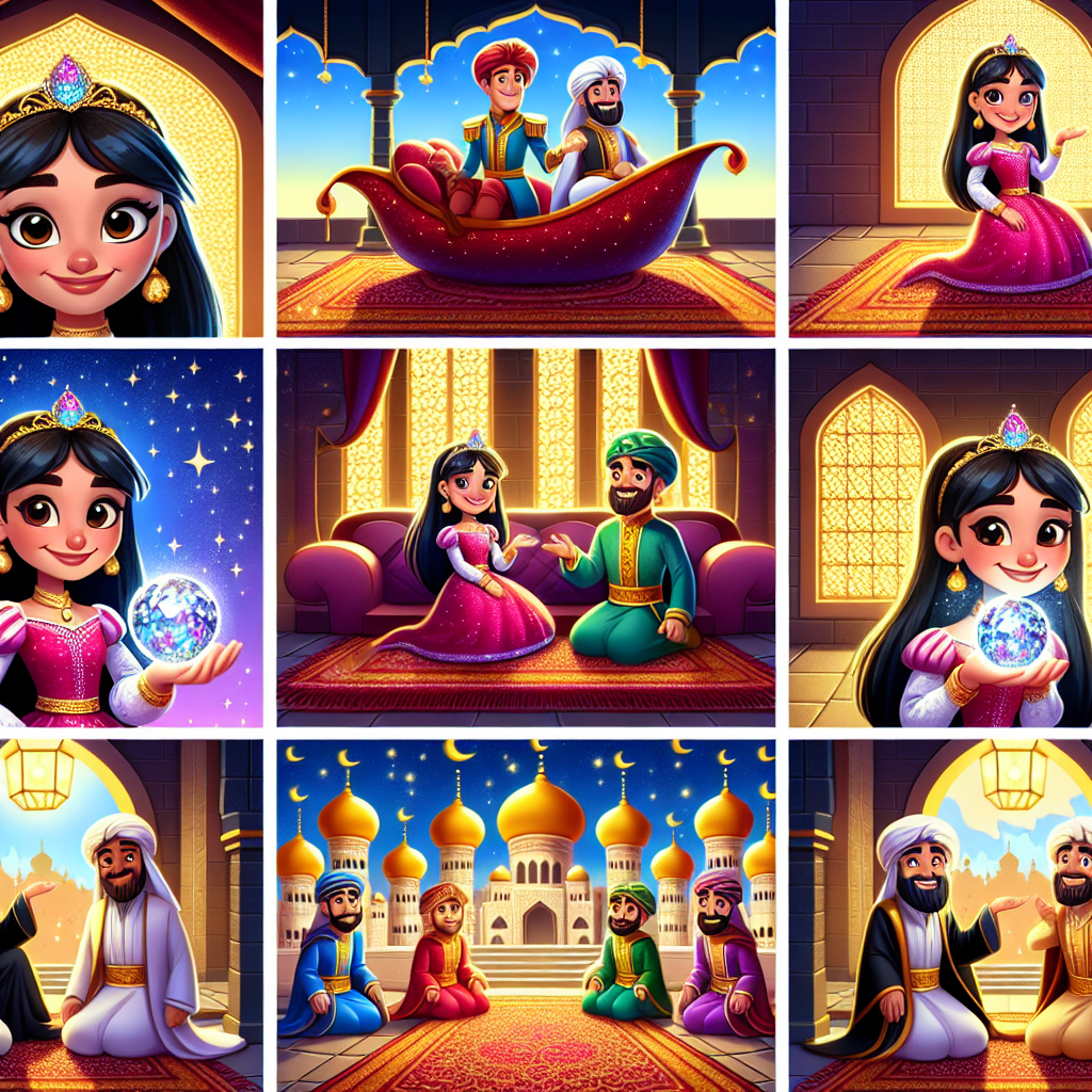 Colorful cartoon storyboard showing 8 key scenes from The Three Princes and the Princess Who Chose