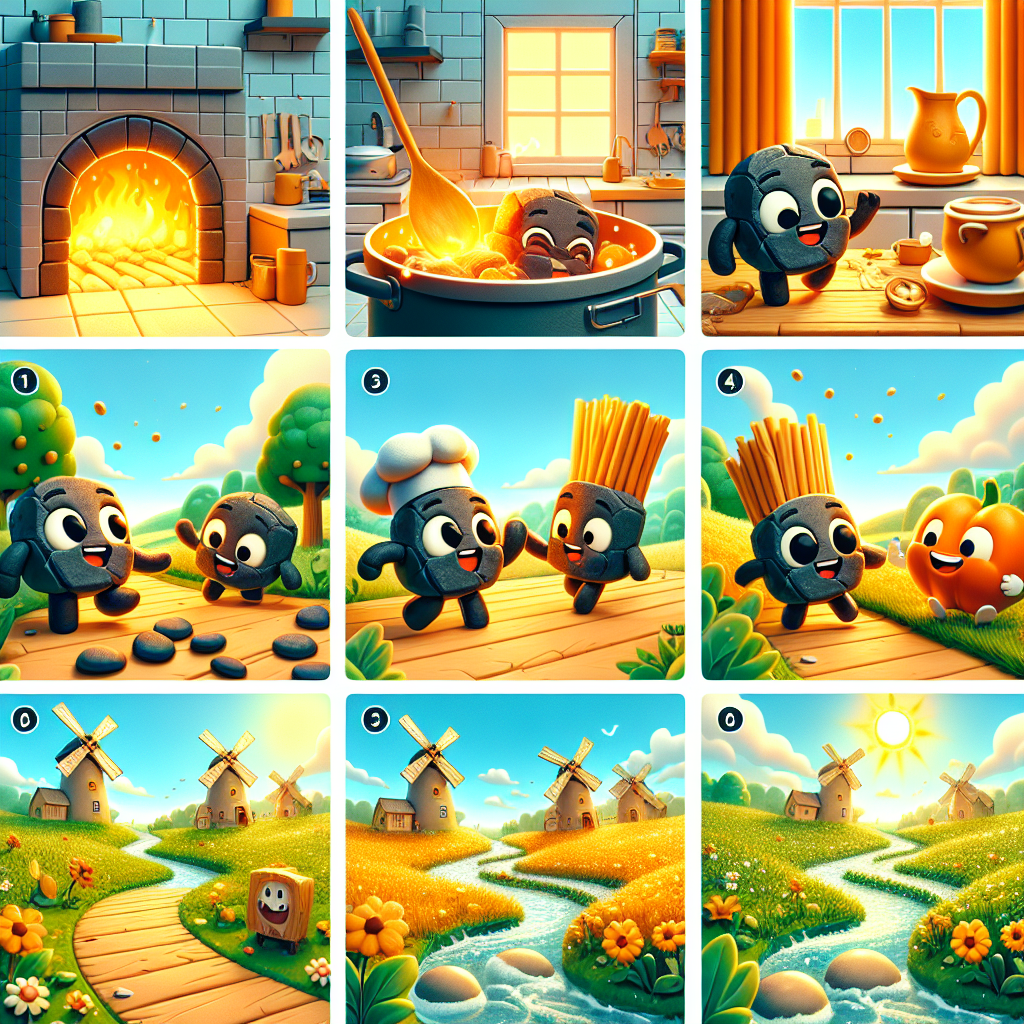 Colorful cartoon storyboard showing 8 key scenes from The Three Little Adventurers