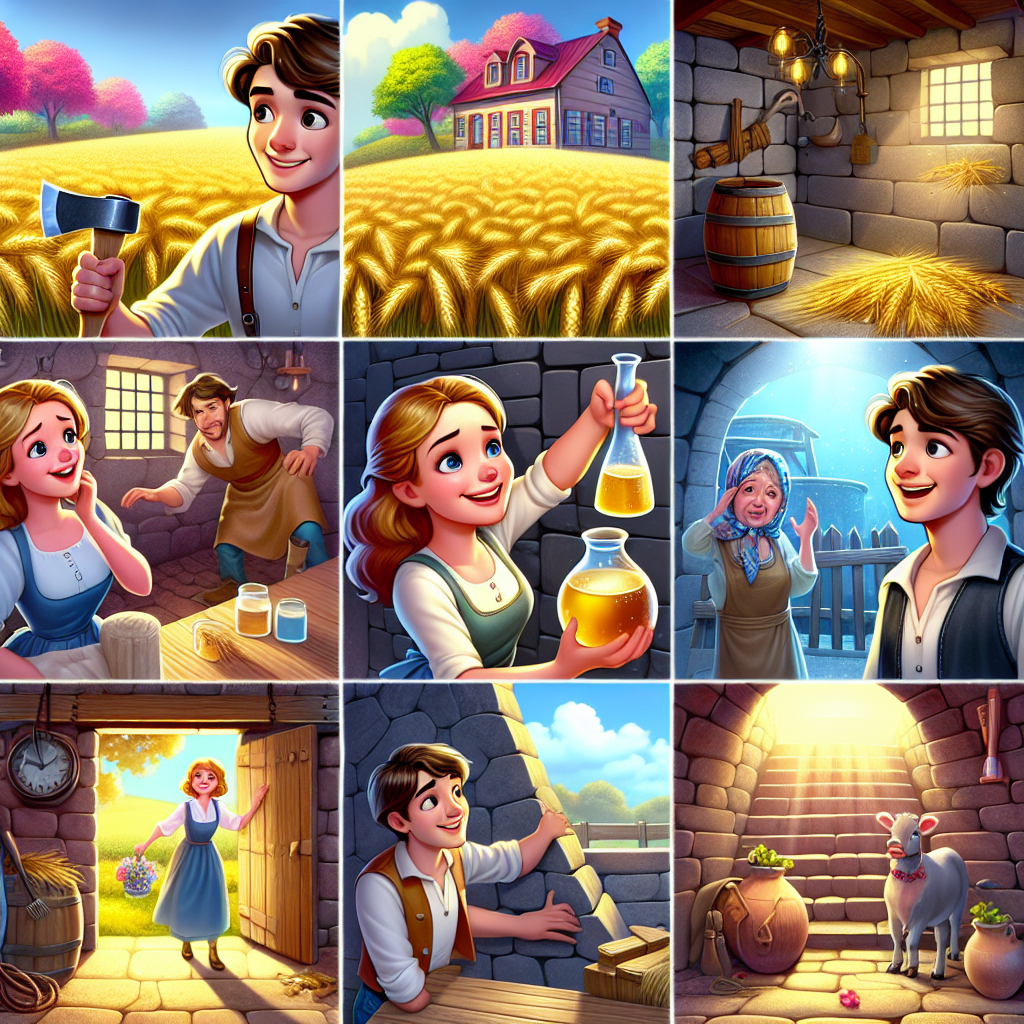 Colorful cartoon storyboard showing 8 key scenes from The Three Sillies
