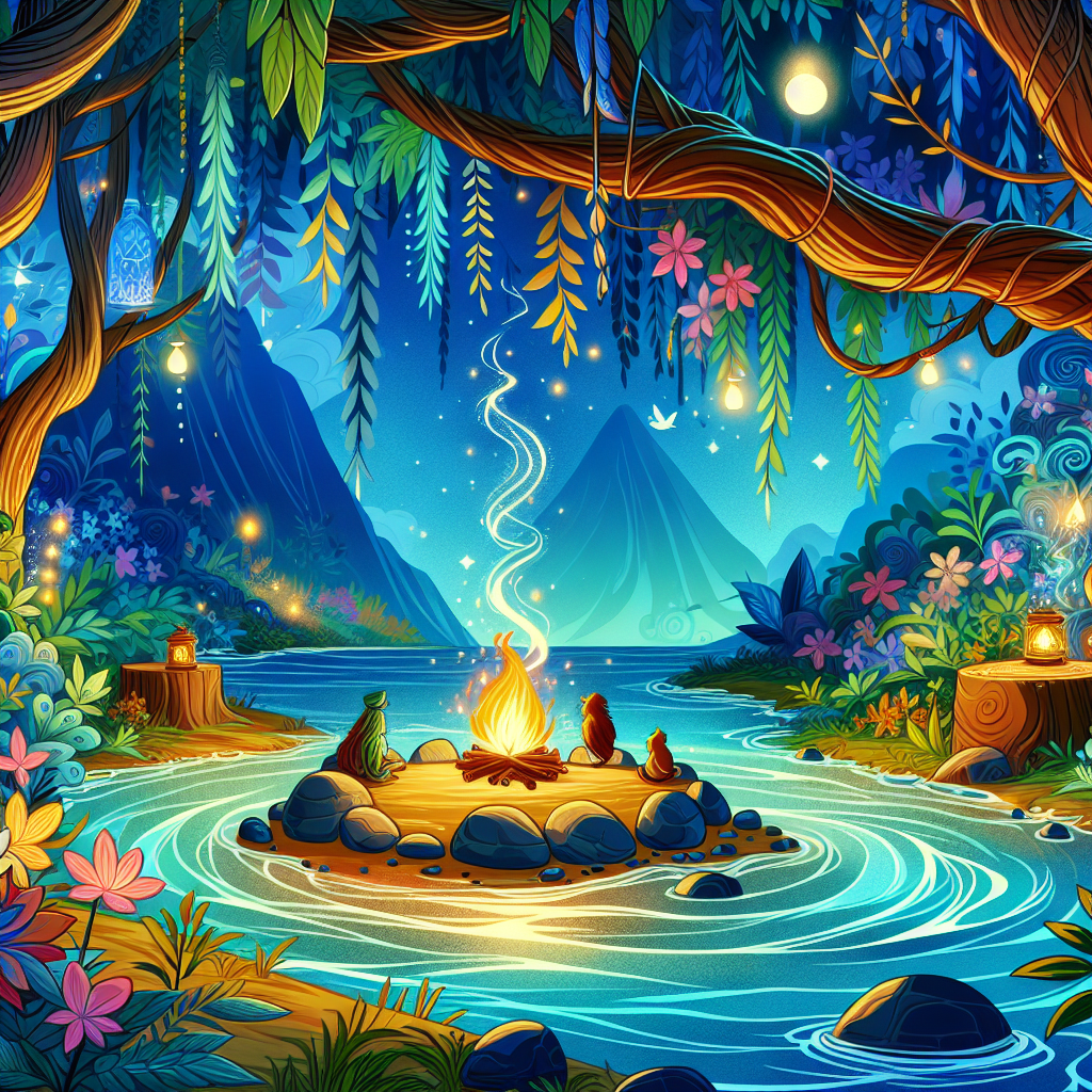 Colorful children's illustration for the story: The Three Vows of the River
