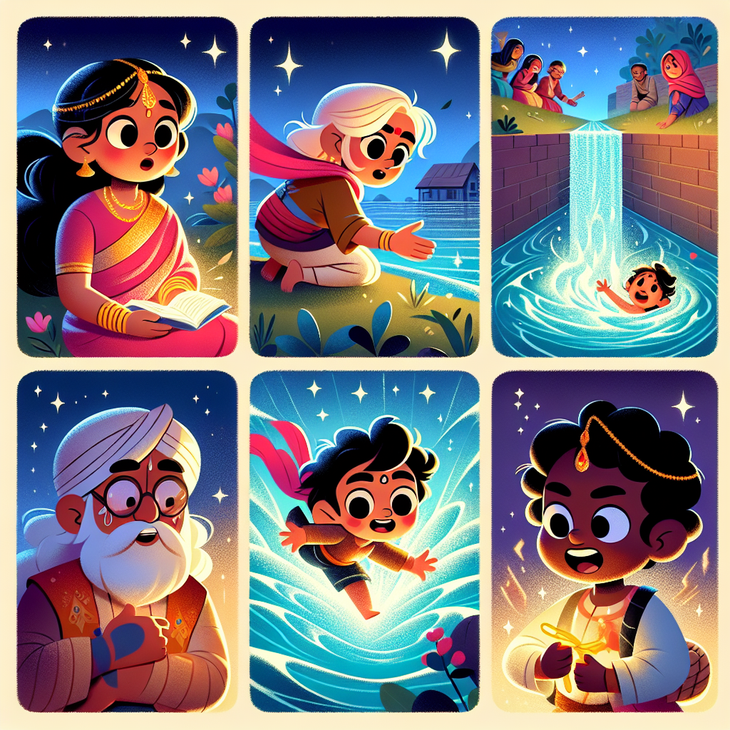 Colorful cartoon storyboard showing 8 key scenes from The Three Vows of the River