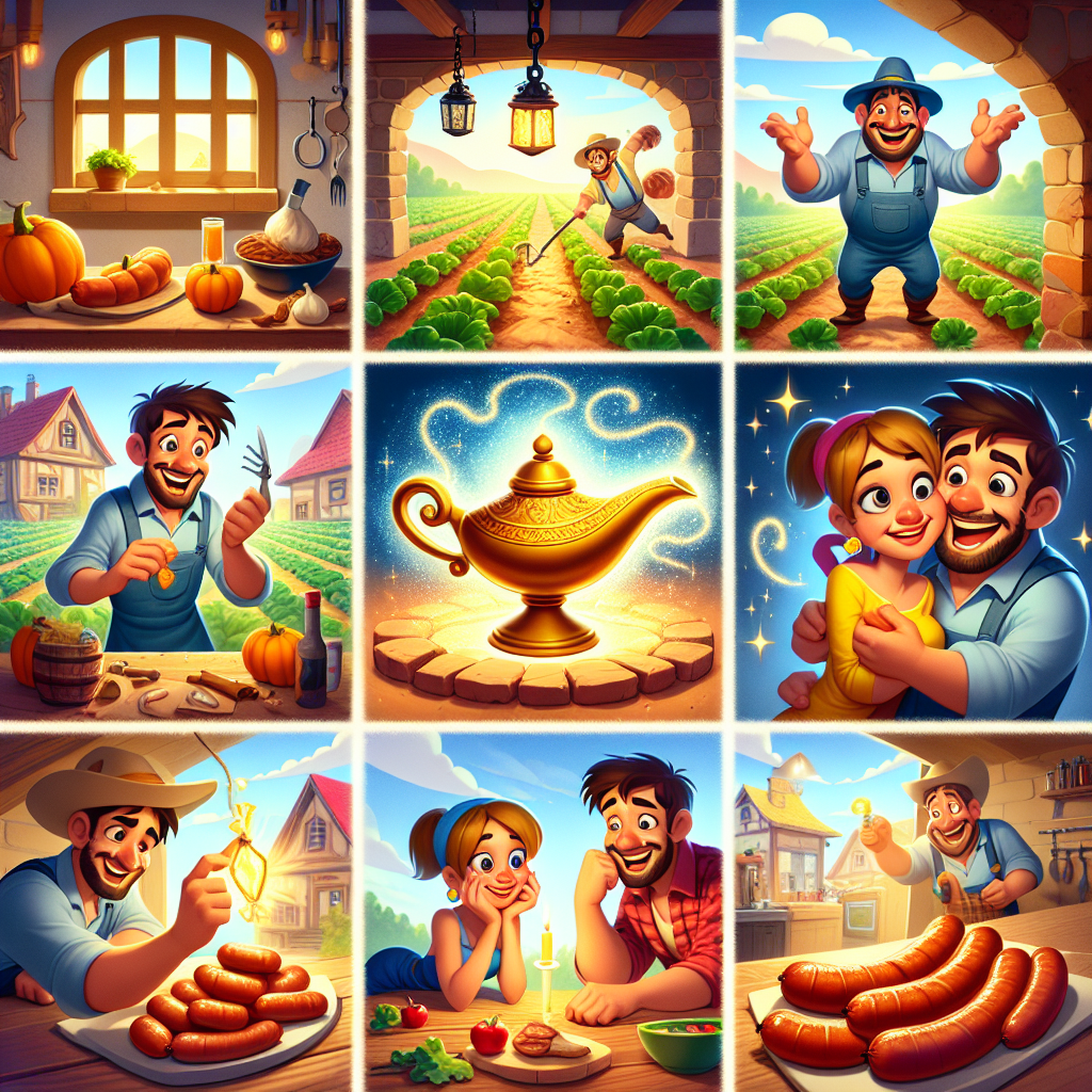 Colorful cartoon storyboard showing 8 key scenes from The Three Wishes