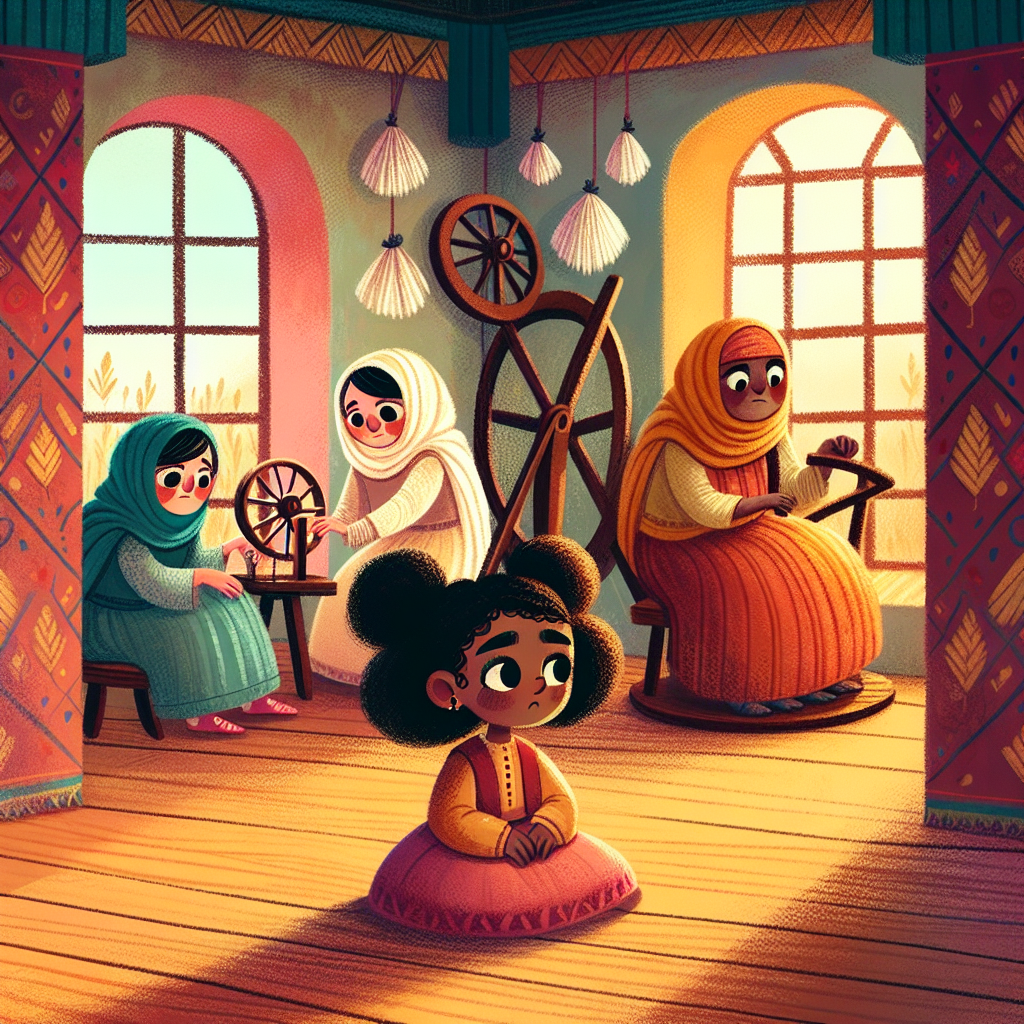 Colorful children's illustration for the story: The Three Spinners