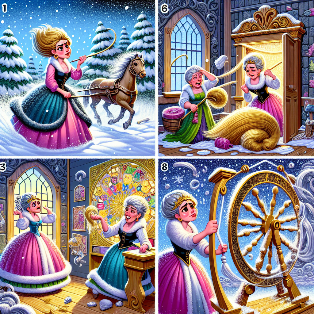 Colorful cartoon storyboard showing 8 key scenes from The Three Spinners