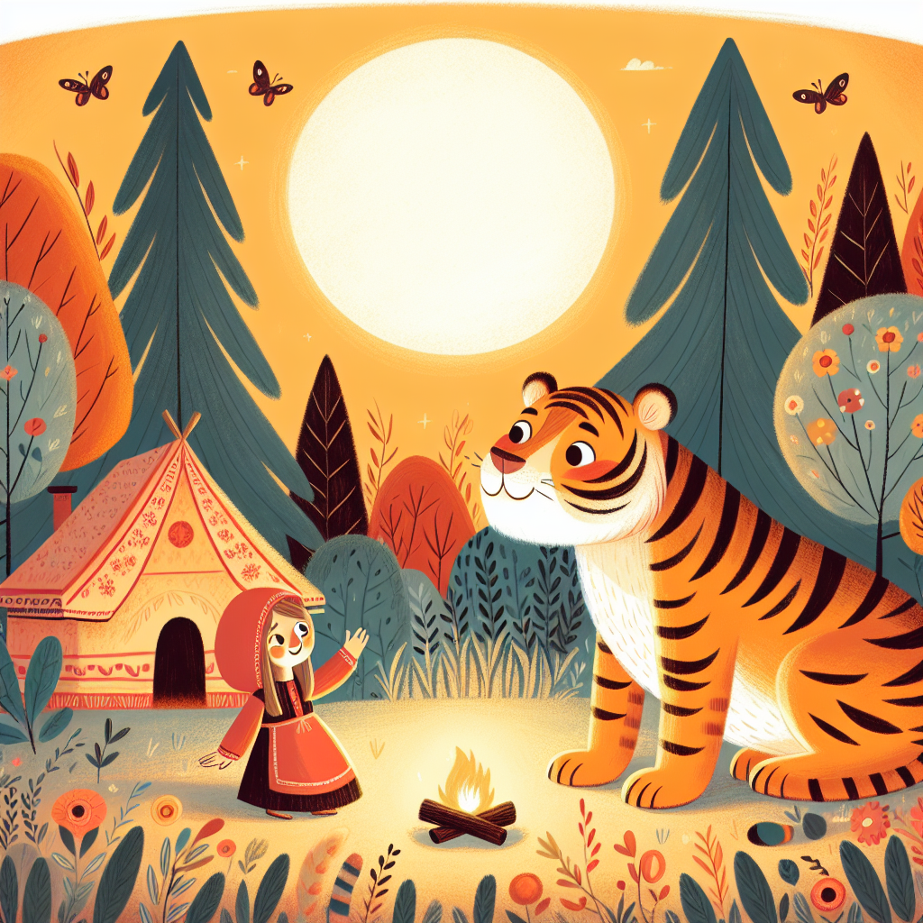 Colorful children's illustration for the story: The Kind Roar of Tigo the Tiger