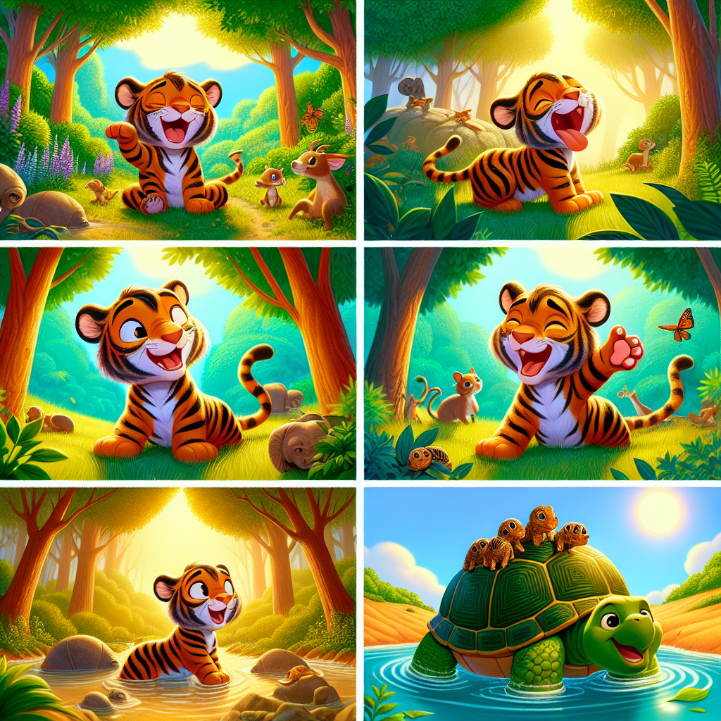 Colorful cartoon storyboard showing 8 key scenes from The Kind Roar of Tigo the Tiger