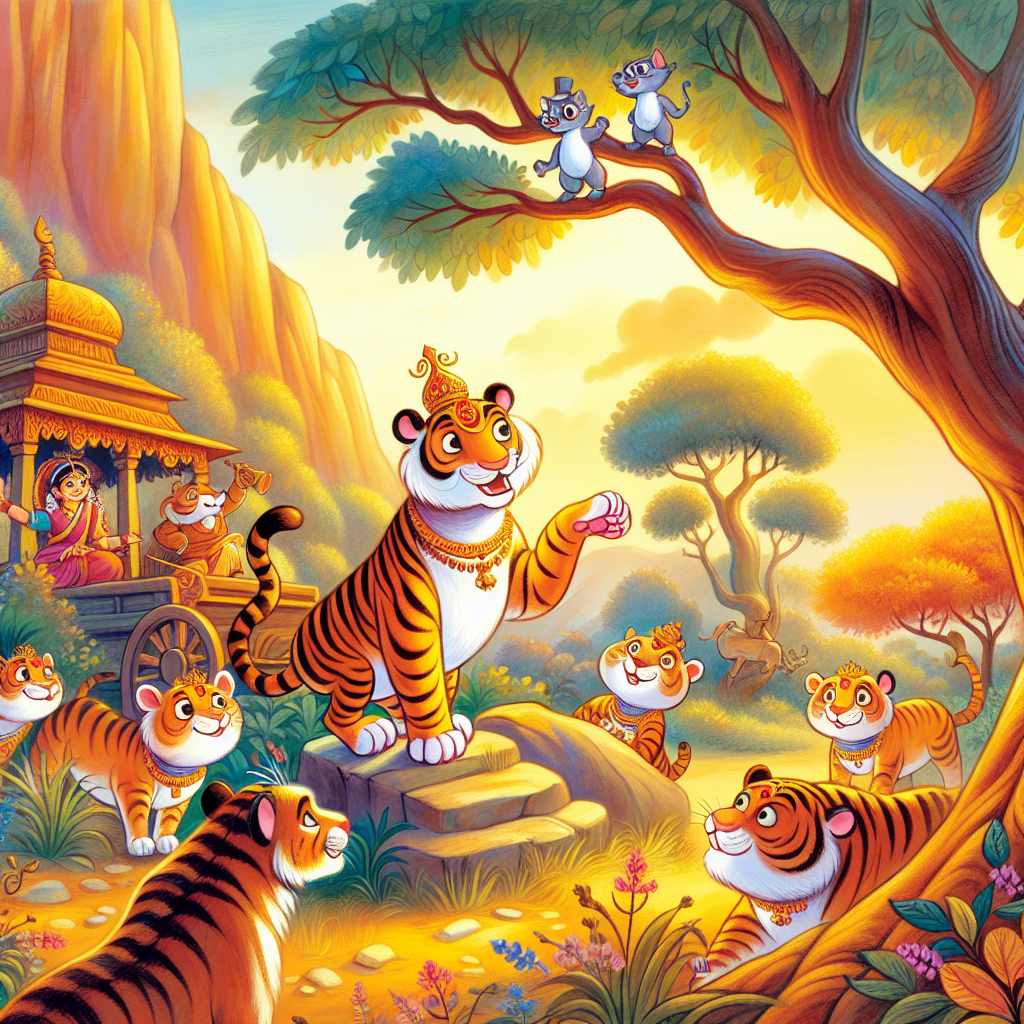 Colorful children's illustration for the story: The Tiger and the Brahmin