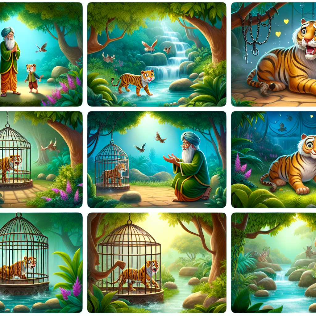 Colorful cartoon storyboard showing 8 key scenes from The Tiger and the Brahmin
