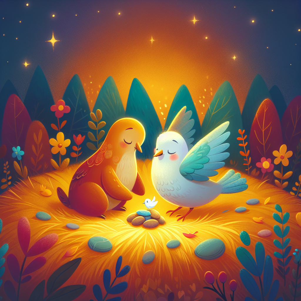 Colorful children's illustration for the story: The Ant and the Dove