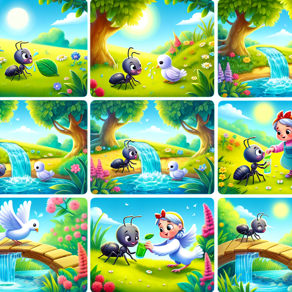 Colorful cartoon storyboard showing 8 key scenes from The Ant and the Dove