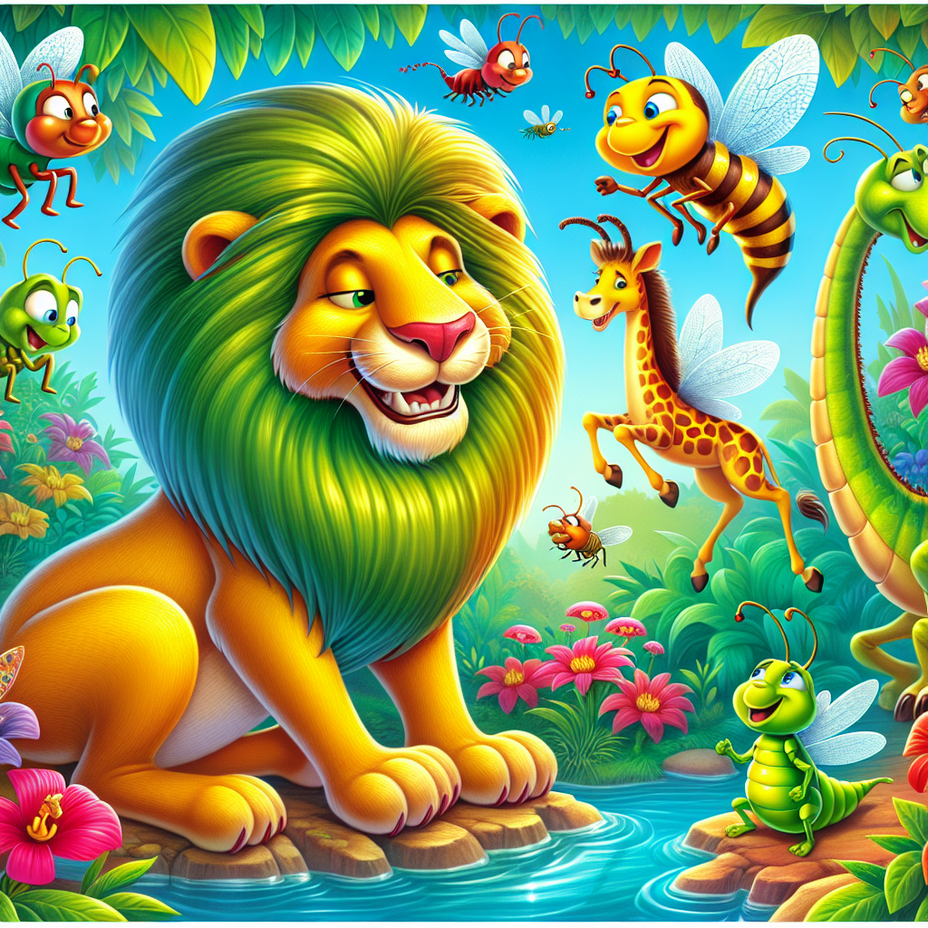 Colorful cartoon storyboard showing 8 key scenes from The Gnat and the Lion