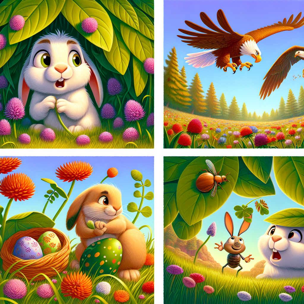 Colorful cartoon storyboard showing 8 key scenes from The Hare and the Eagle