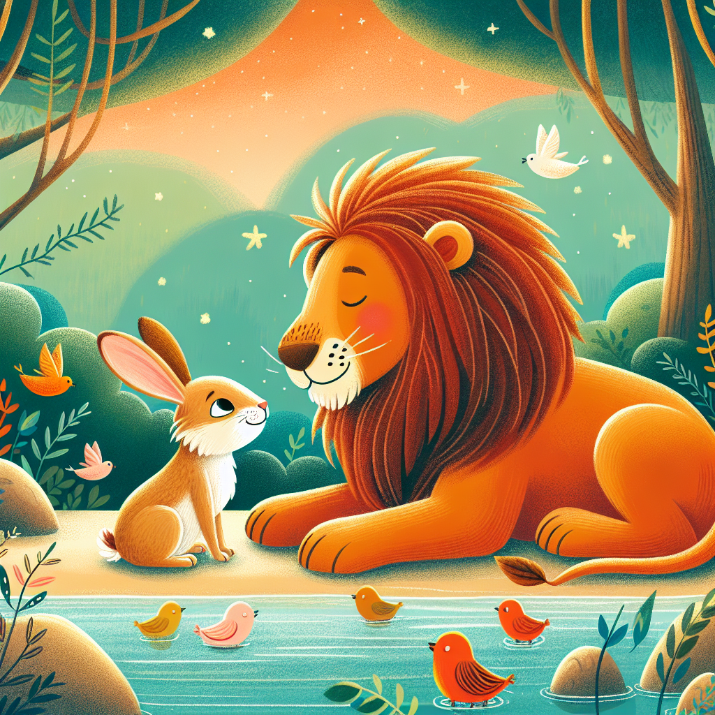 Colorful children's illustration for the story: The Clever Rabbit and the Lion