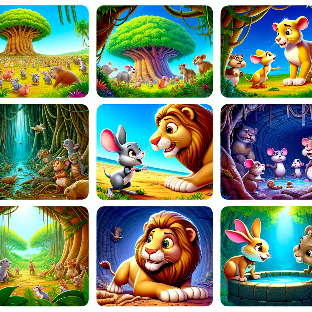 Colorful cartoon storyboard showing 8 key scenes from The Clever Rabbit and the Lion