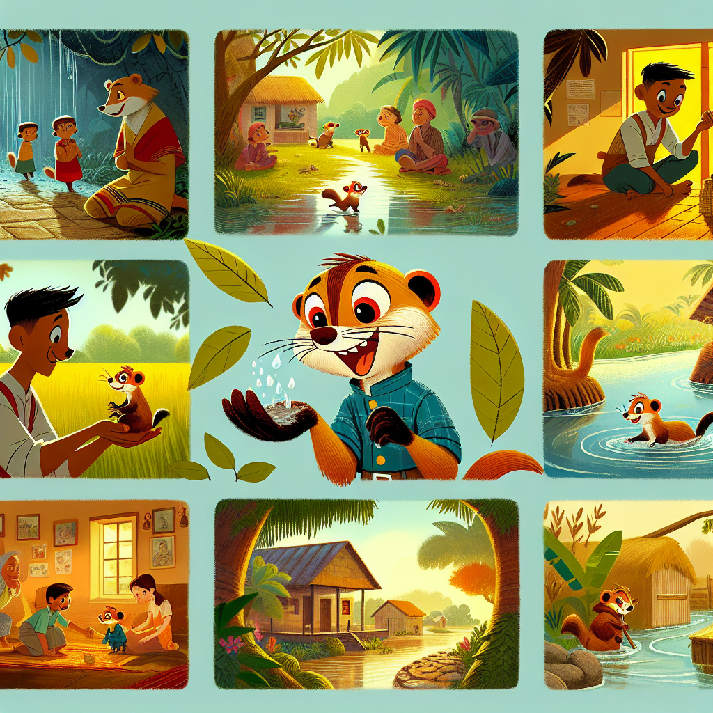 Colorful cartoon storyboard showing 8 key scenes from Rikki-Tikki-Tavi