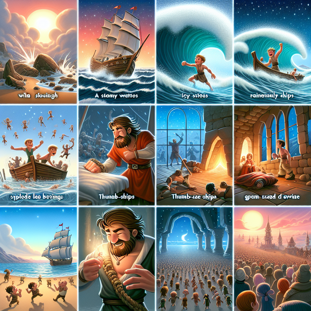 Colorful cartoon storyboard showing 8 key scenes from Gulliver's Travels in Lilliput