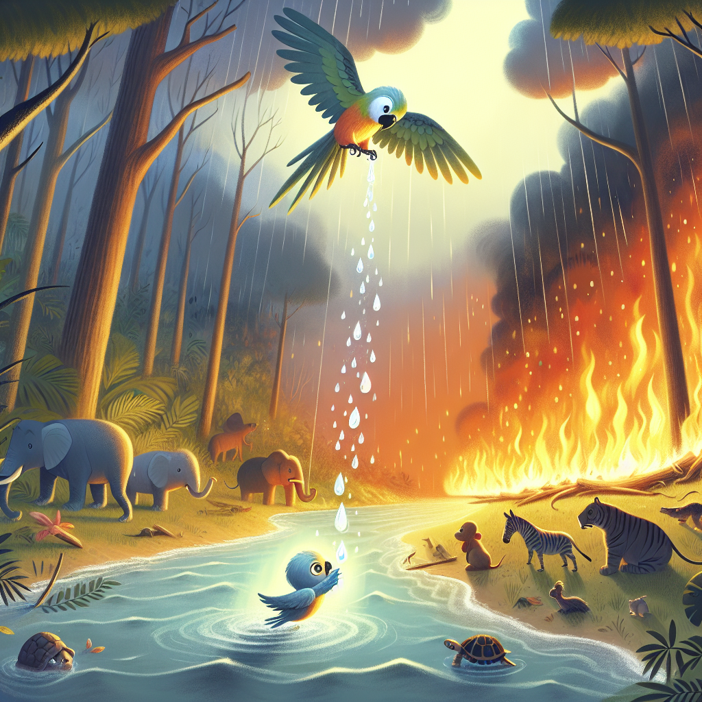 Colorful children's illustration for the story: The Brave Little Parrot