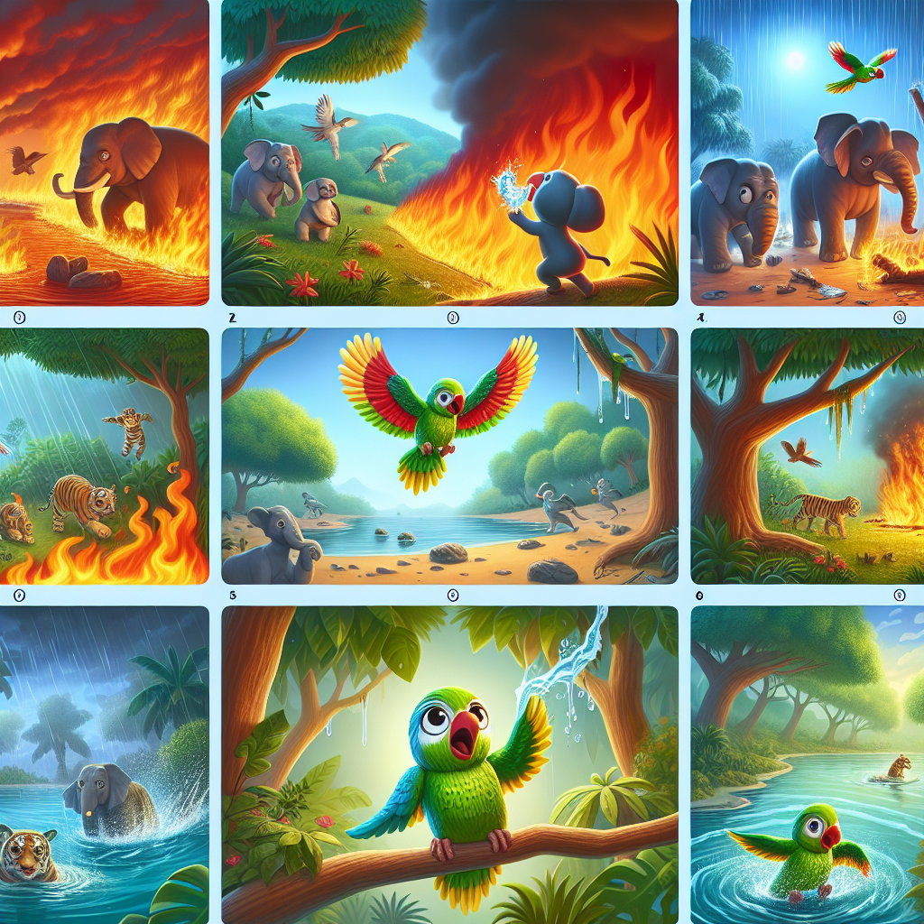 Colorful cartoon storyboard showing 8 key scenes from The Brave Little Parrot