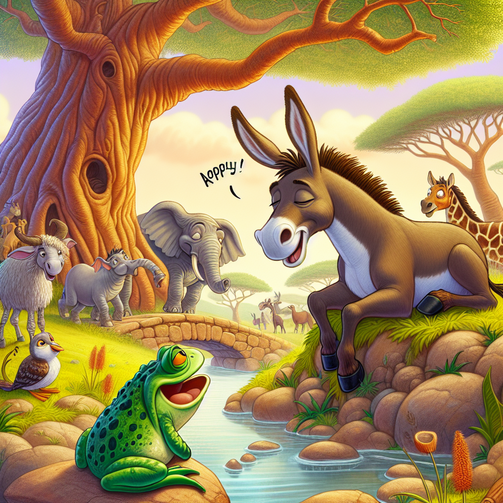 Colorful children's illustration for the story: The Toad and the Donkey