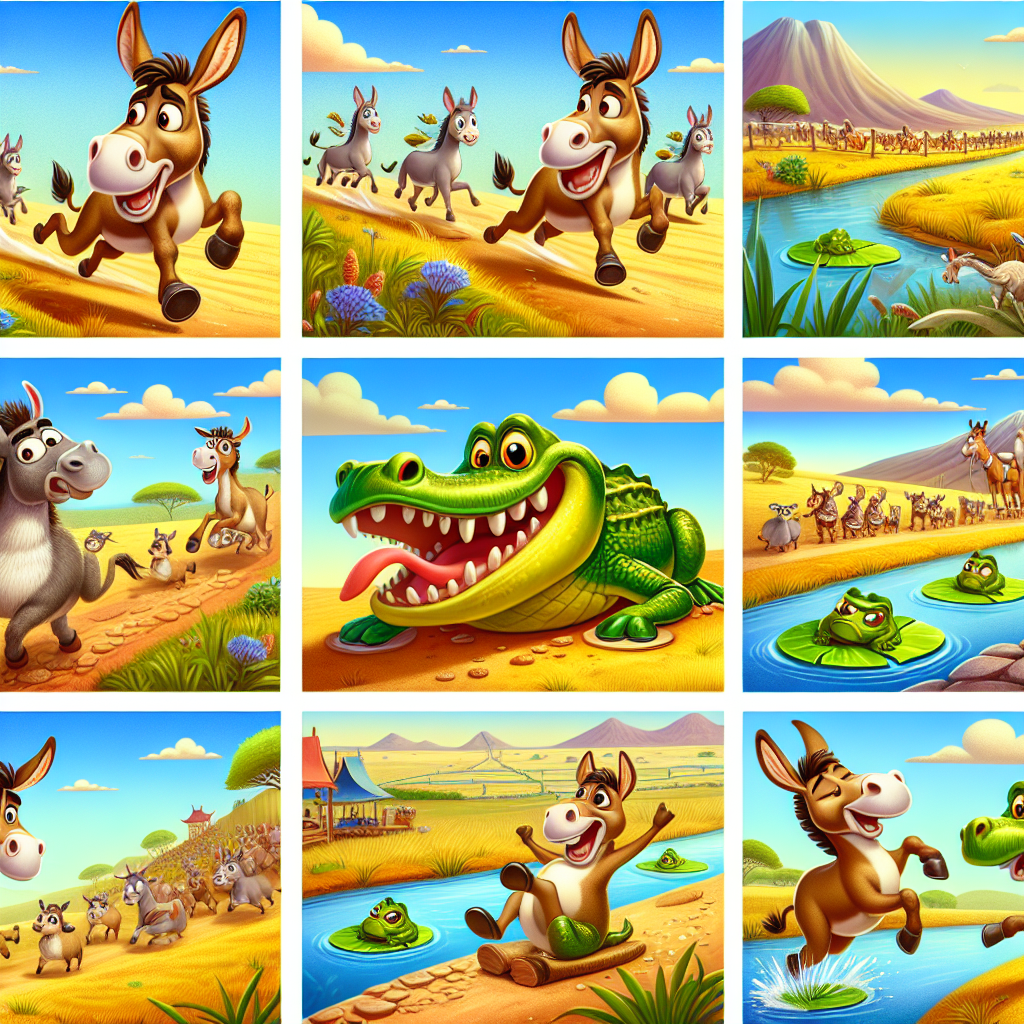 Colorful cartoon storyboard showing 8 key scenes from The Toad and the Donkey