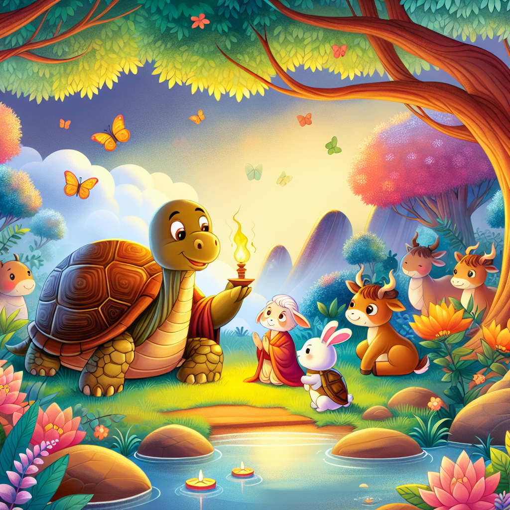 Colorful children's illustration for the story: The Tortoise and the Geese