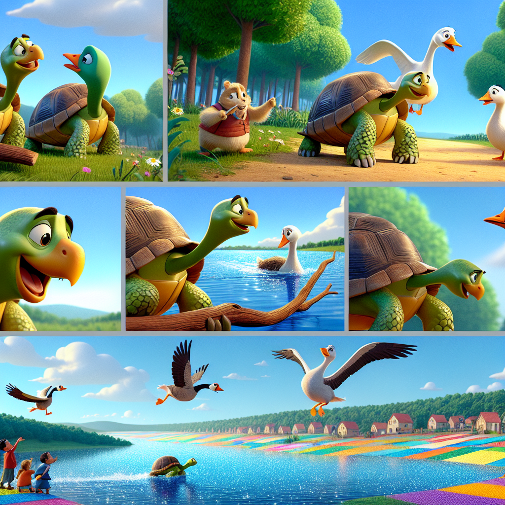 Colorful cartoon storyboard showing 8 key scenes from The Tortoise and the Geese
