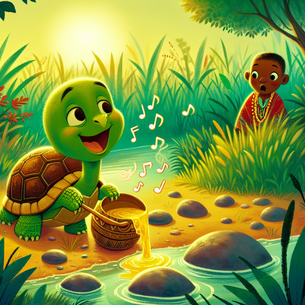 Colorful children's illustration for the story: The Tortoise That Sang