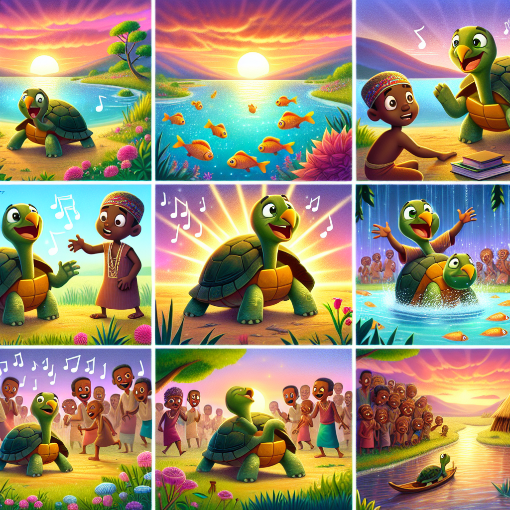 Colorful cartoon storyboard showing 8 key scenes from The Tortoise That Sang
