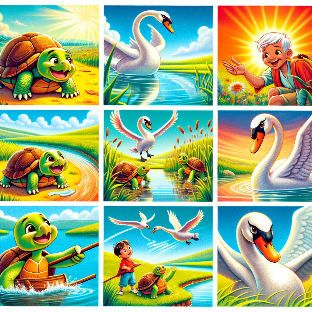 Colorful cartoon storyboard showing 8 key scenes from The Talkative Tortoise